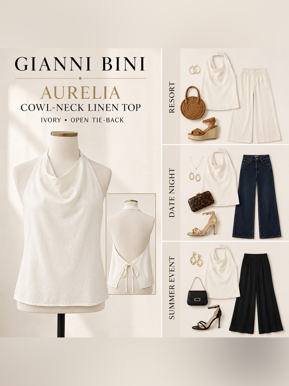 Gianni Bini Aurelia Ivory Cowl Neck Open Back Linen Top